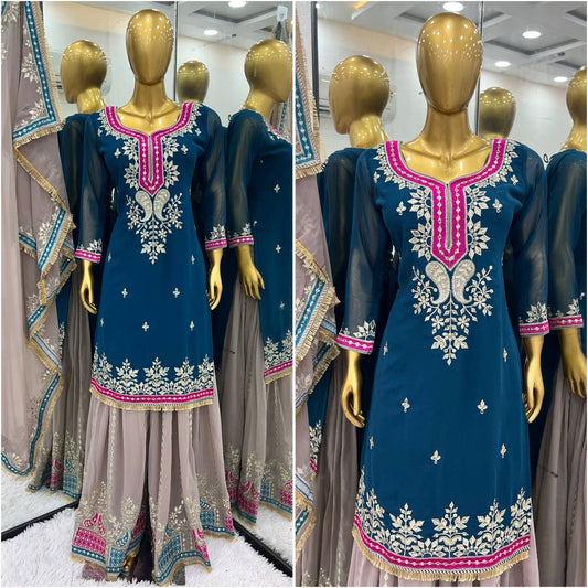 Function Wear Teal Blue Color Heavy Faux Georgette With Embroidery Sequence Work Sharara Suit
