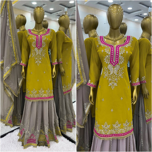 Function Wear Yellow Color Heavy Faux Georgette With Embroidery Sequence Work Sharara Suit