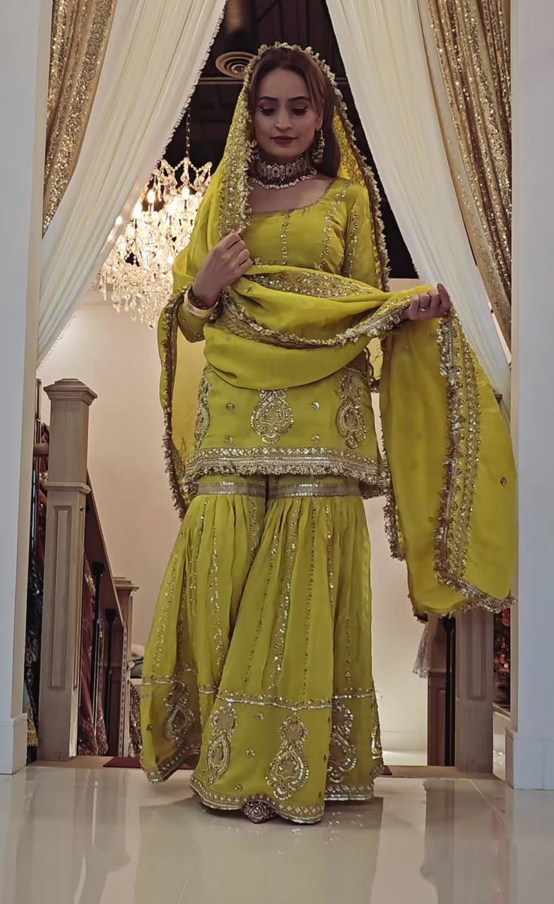 Ceremony Wear Mustard Color Chinon Silk With Heavy Embroidery Work Sharara Suit