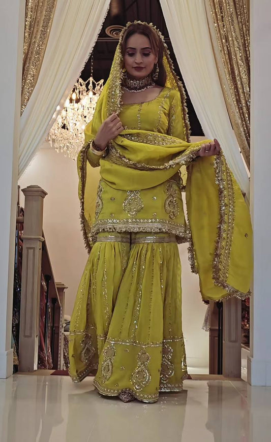 Ceremony Wear Mustard Color Chinon Silk With Heavy Embroidery Work Sharara Suit