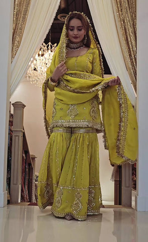 Ceremony Wear Mustard Color Chinon Silk With Heavy Embroidery Work Sharara Suit