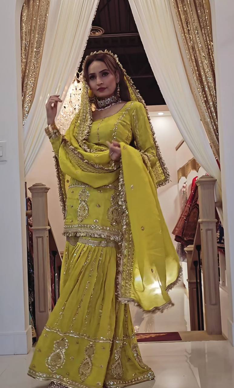 Ceremony Wear Mustard Color Chinon Silk With Heavy Embroidery Work Sharara Suit