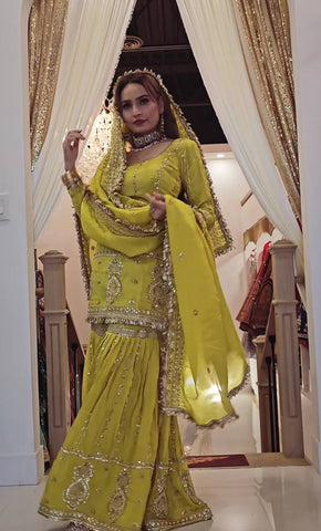 Ceremony Wear Mustard Color Chinon Silk With Heavy Embroidery Work Sharara Suit