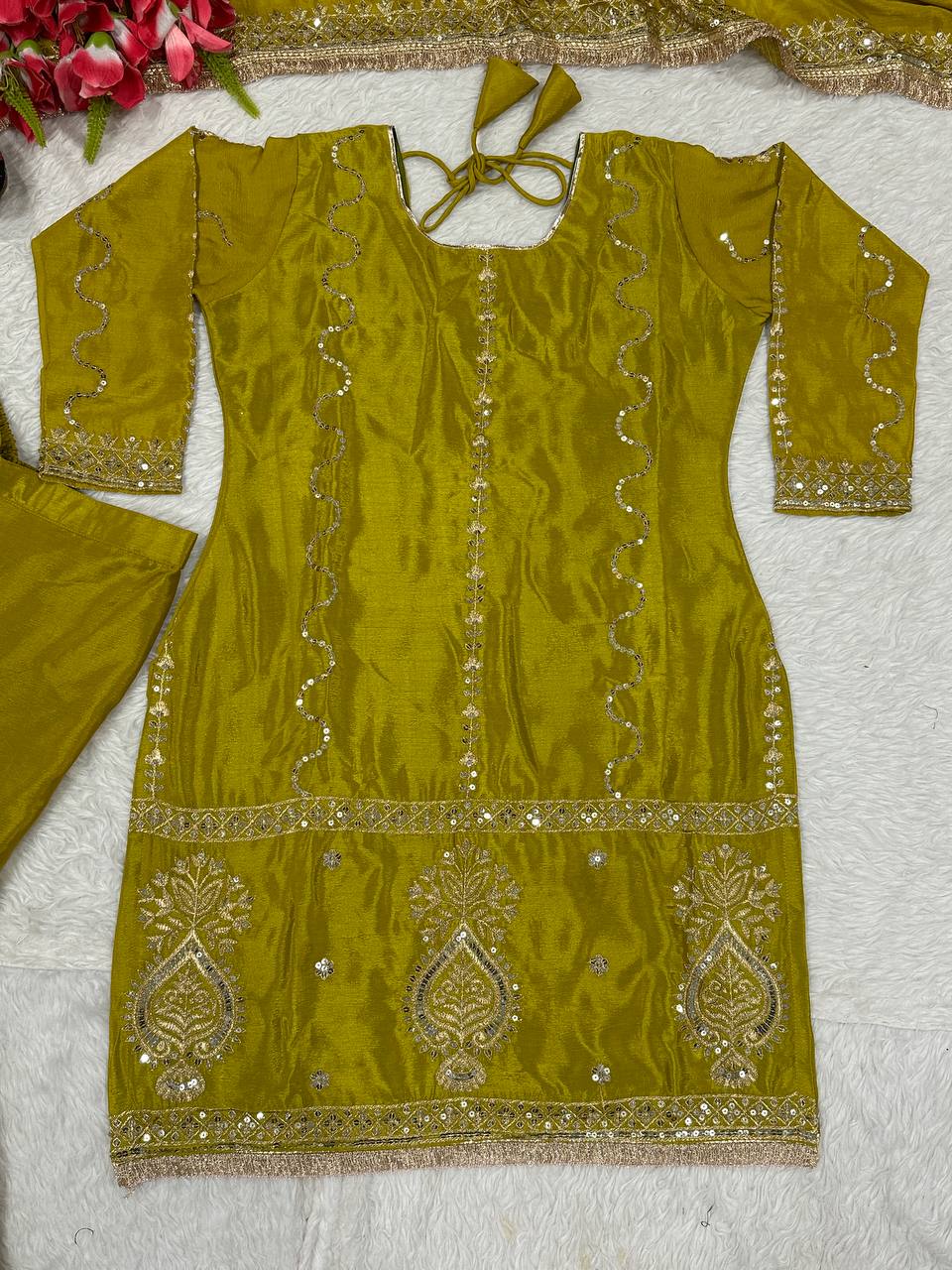 Ceremony Wear Mustard Color Chinon Silk With Heavy Embroidery Work Sharara Suit