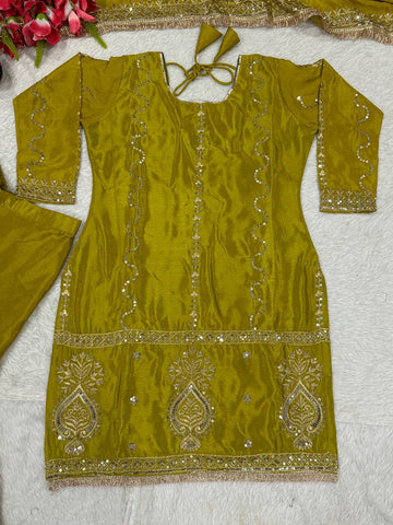 Ceremony Wear Mustard Color Chinon Silk With Heavy Embroidery Work Sharara Suit