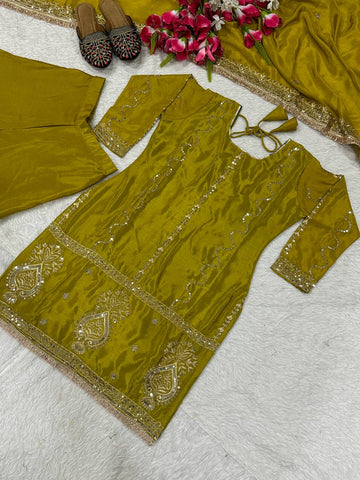 Ceremony Wear Mustard Color Chinon Silk With Heavy Embroidery Work Sharara Suit