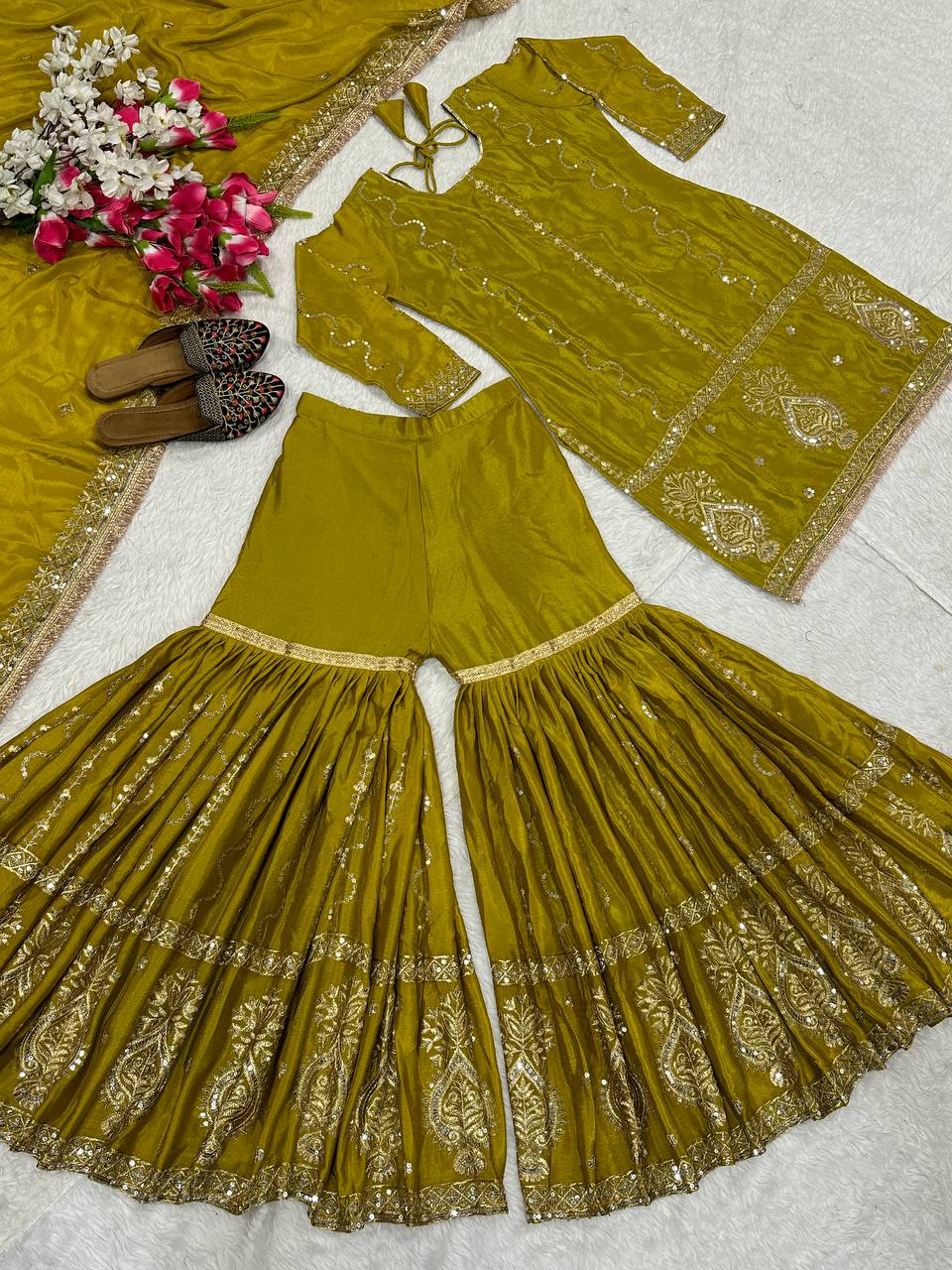 Ceremony Wear Mustard Color Chinon Silk With Heavy Embroidery Work Sharara Suit