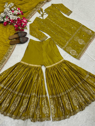 Ceremony Wear Mustard Color Chinon Silk With Heavy Embroidery Work Sharara Suit
