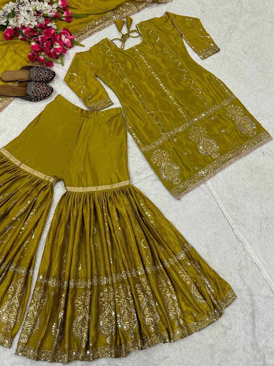 Ceremony Wear Mustard Color Chinon Silk With Heavy Embroidery Work Sharara Suit
