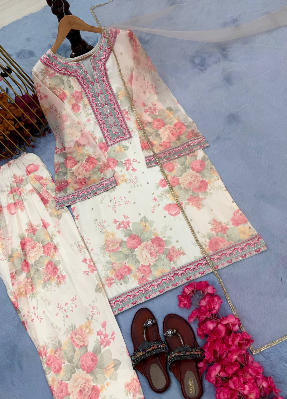 Daisy Off White Color Pure Chiffon Georgette Digital Print With Embroidery Work Palazzo Suit