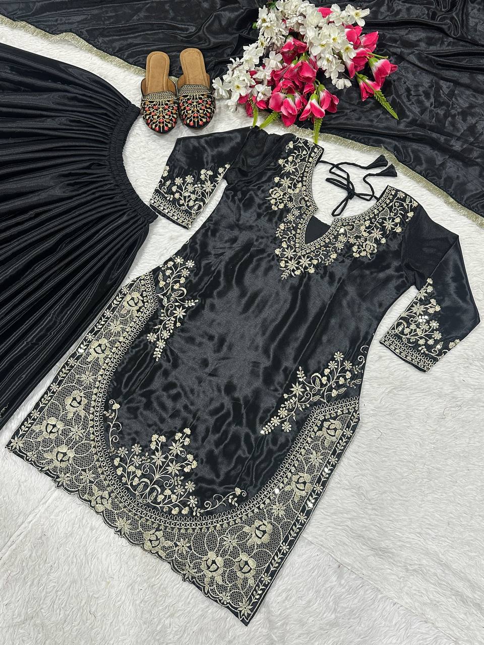 Blissful Black Color Heavy Chinon Silk With Sequence Embroidery Work Palazzo Suit