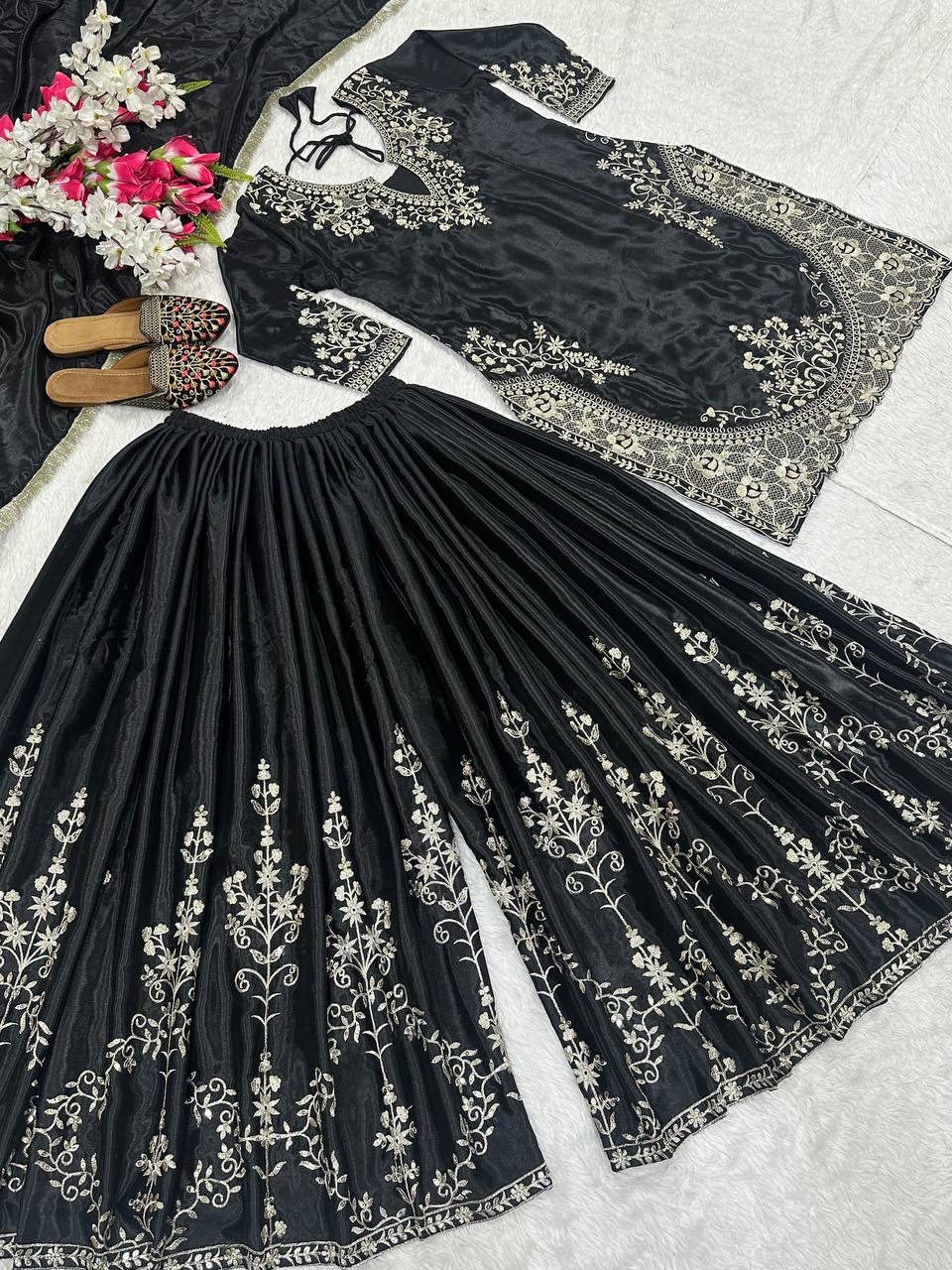 Blissful Black Color Heavy Chinon Silk With Sequence Embroidery Work Palazzo Suit