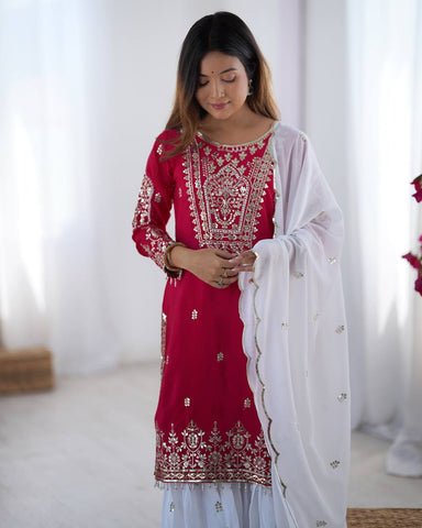 Presenting Pink Color Heavy Pure Chinnon With Embroidery Sequence Work Sharara Suit