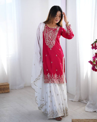 Presenting Pink Color Heavy Pure Chinnon With Embroidery Sequence Work Sharara Suit