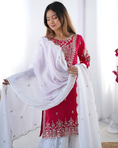 Presenting Pink Color Heavy Pure Chinnon With Embroidery Sequence Work Sharara Suit