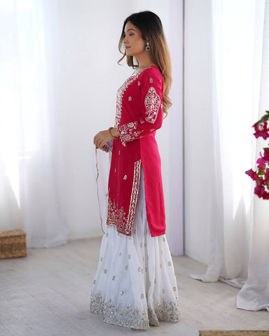 Presenting Pink Color Heavy Pure Chinnon With Embroidery Sequence Work Sharara Suit