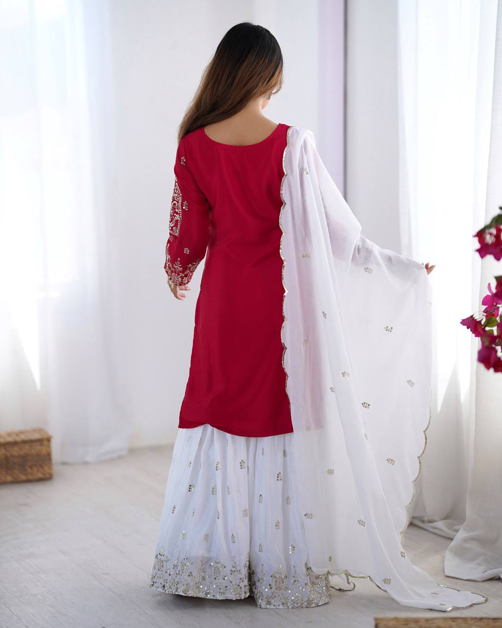 Presenting Pink Color Heavy Pure Chinnon With Embroidery Sequence Work Sharara Suit