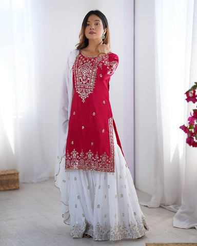 Presenting Pink Color Heavy Pure Chinnon With Embroidery Sequence Work Sharara Suit