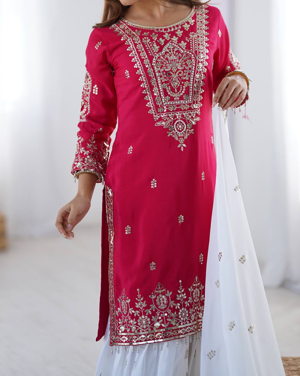Presenting Pink Color Heavy Pure Chinnon With Embroidery Sequence Work Sharara Suit