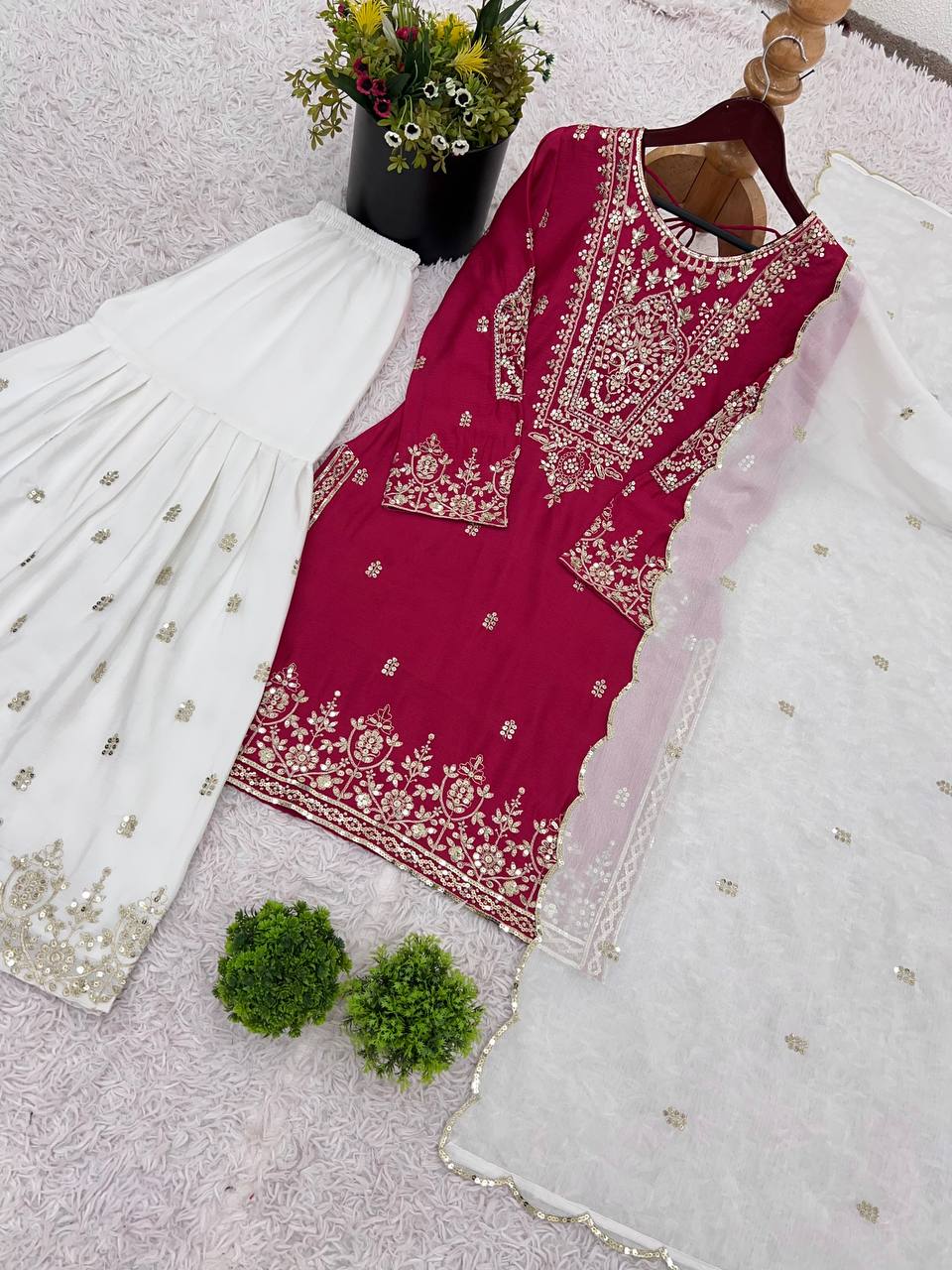 Presenting Pink Color Heavy Pure Chinnon With Embroidery Sequence Work Sharara Suit