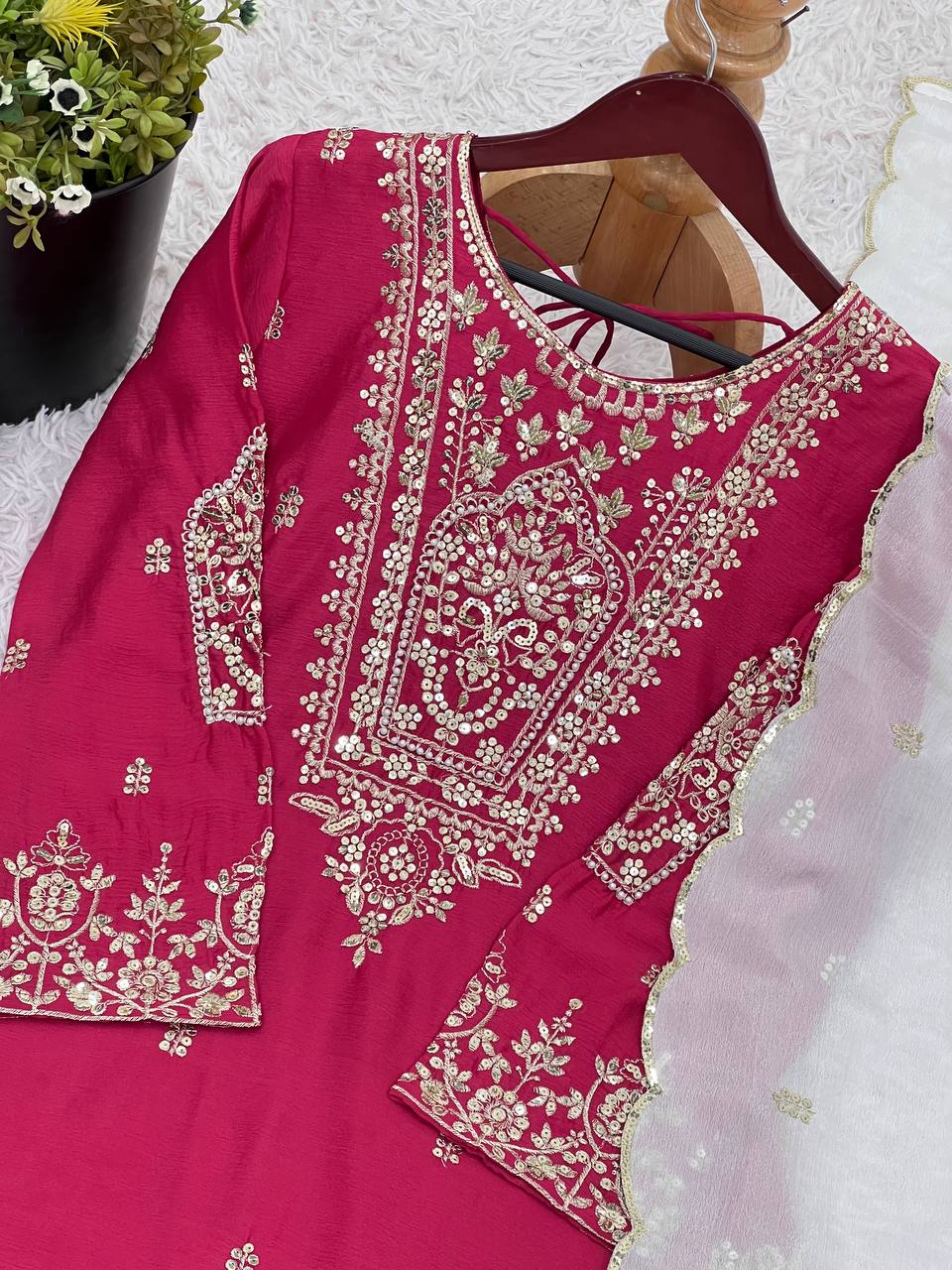 Presenting Pink Color Heavy Pure Chinnon With Embroidery Sequence Work Sharara Suit