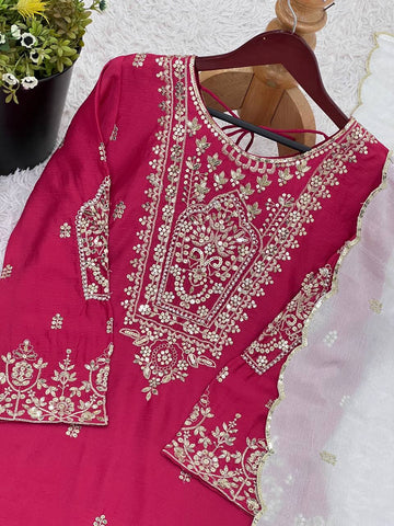 Presenting Pink Color Heavy Pure Chinnon With Embroidery Sequence Work Sharara Suit