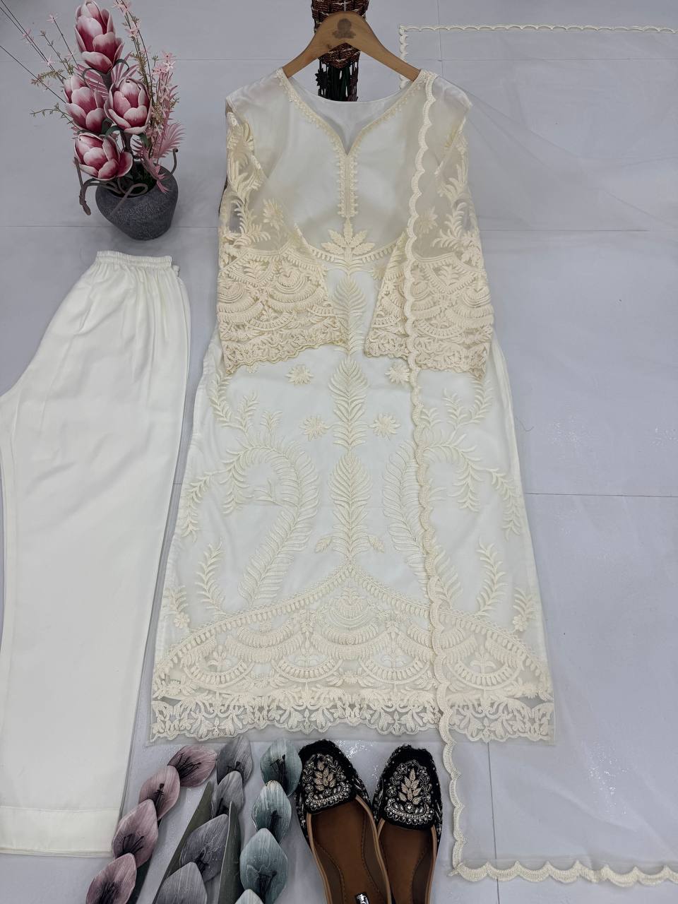 Ceremony Wear Off White Color Heavy Soft Net Embroidery Work Salwar Suit