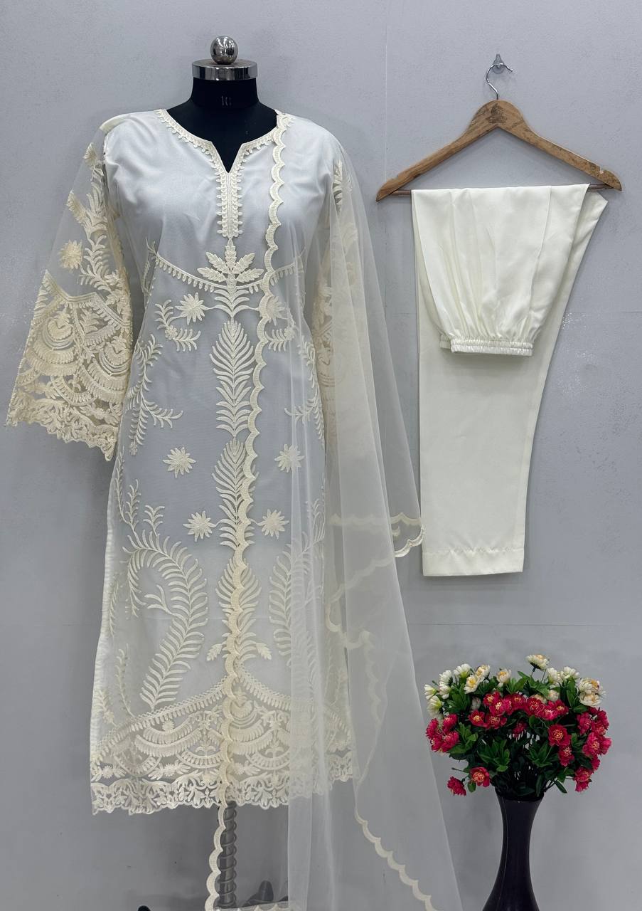 Ceremony Wear Off White Color Heavy Soft Net Embroidery Work Salwar Suit