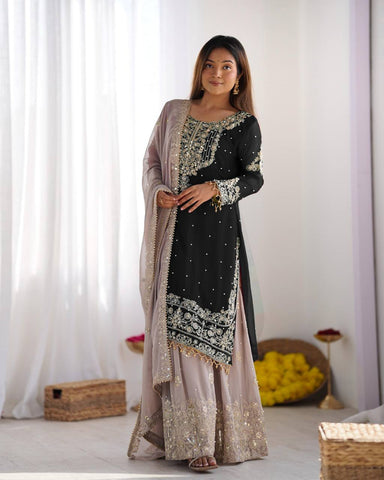 Occasion Wear Black Color Heavy Faux Georgette With Heavy Embroidery Work Palazzo Suit