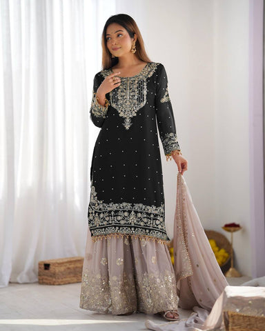 Occasion Wear Black Color Heavy Faux Georgette With Heavy Embroidery Work Palazzo Suit