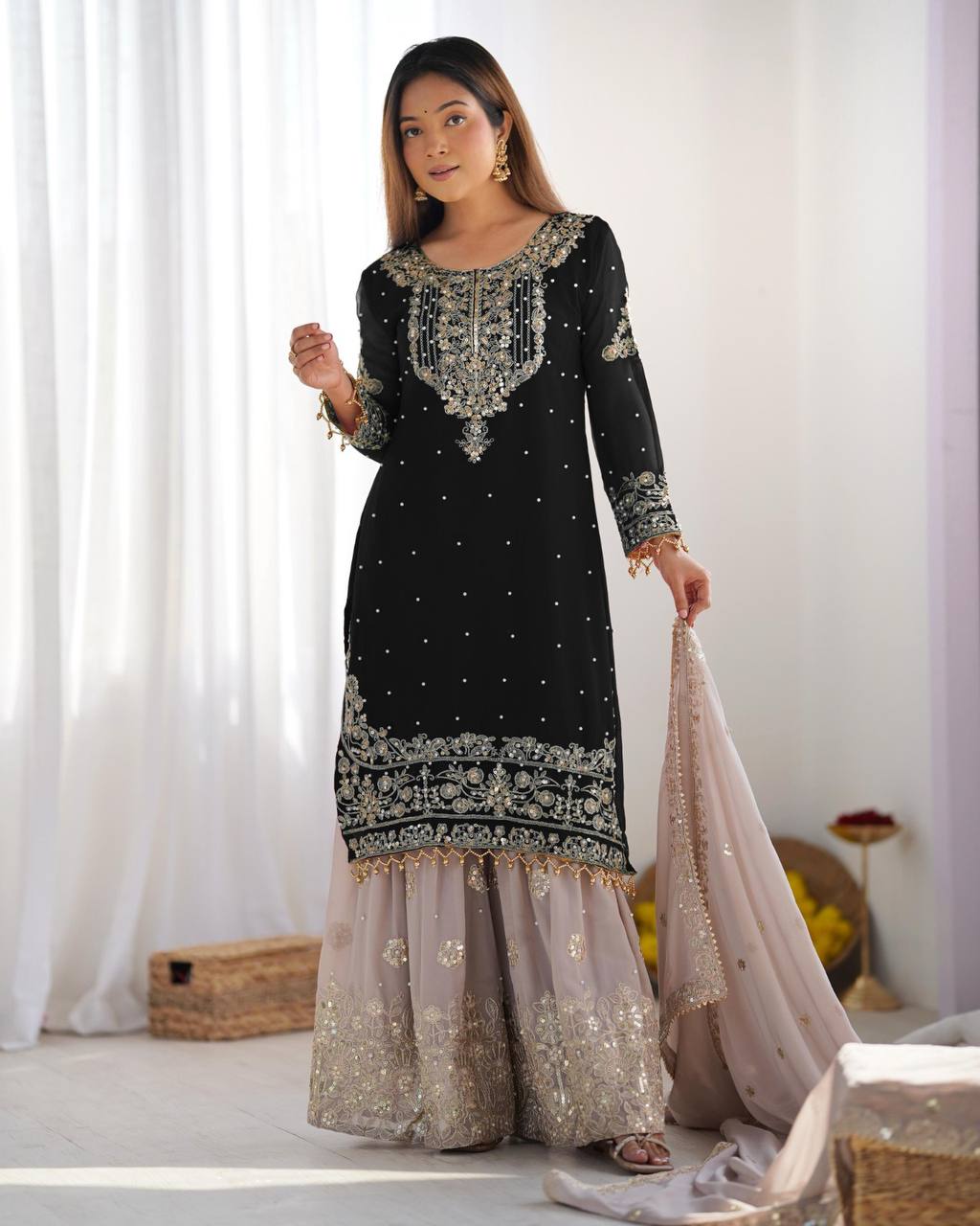 Occasion Wear Black Color Heavy Faux Georgette With Heavy Embroidery Work Palazzo Suit