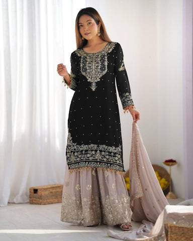 Occasion Wear Black Color Heavy Faux Georgette With Heavy Embroidery Work Palazzo Suit