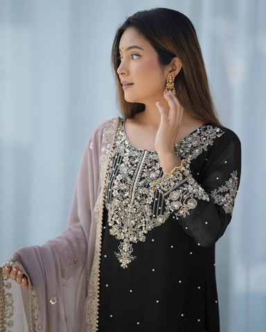 Occasion Wear Black Color Heavy Faux Georgette With Heavy Embroidery Work Palazzo Suit