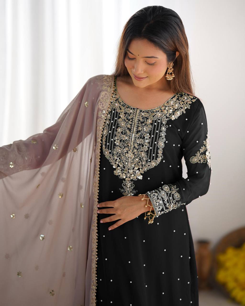Occasion Wear Black Color Heavy Faux Georgette With Heavy Embroidery Work Palazzo Suit