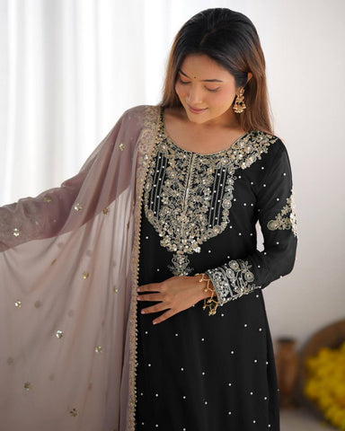 Occasion Wear Black Color Heavy Faux Georgette With Heavy Embroidery Work Palazzo Suit