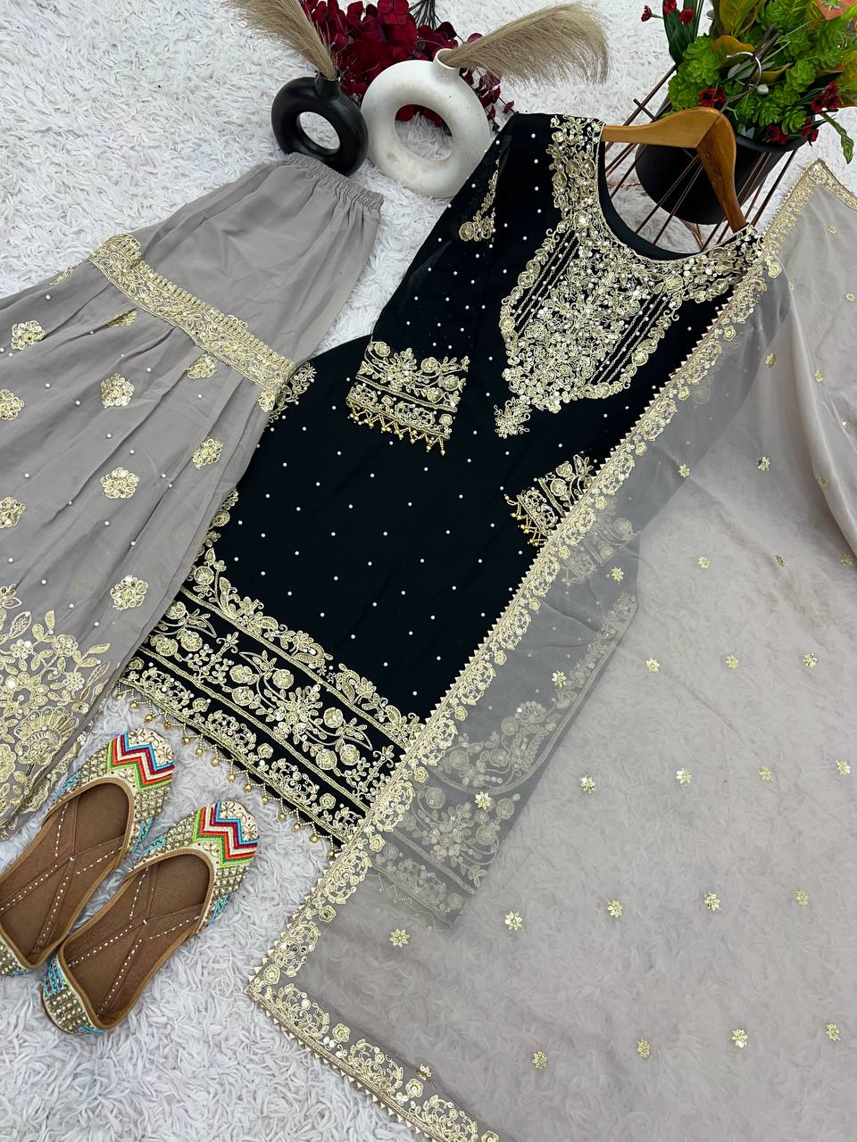 Occasion Wear Black Color Heavy Faux Georgette With Heavy Embroidery Work Palazzo Suit