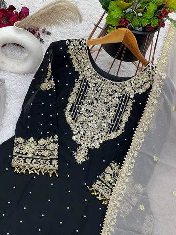 Occasion Wear Black Color Heavy Faux Georgette With Heavy Embroidery Work Palazzo Suit