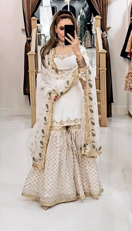 Ceremony Wear Off White Color Faux Georgette With Embroidery Sequence Work Sharara Suit