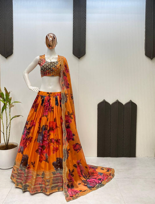 Exclusive Multi Color Tabby Organza Printed With Sequences Embroidery Work Lehenga Choli