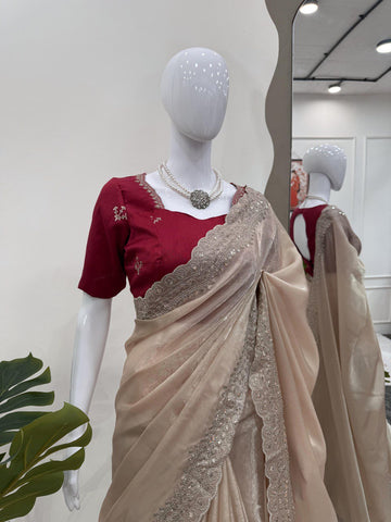 Ceremony Wear Cream Color Jimmy Chu With Thread With Sequence Work Saree