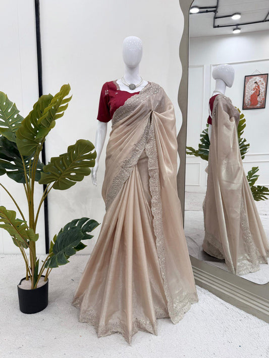 Ceremony Wear Cream Color Jimmy Chu With Thread With Sequence Work Saree