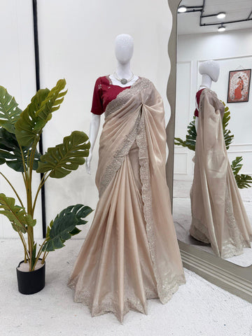 Ceremony Wear Cream Color Jimmy Chu With Thread With Sequence Work Saree