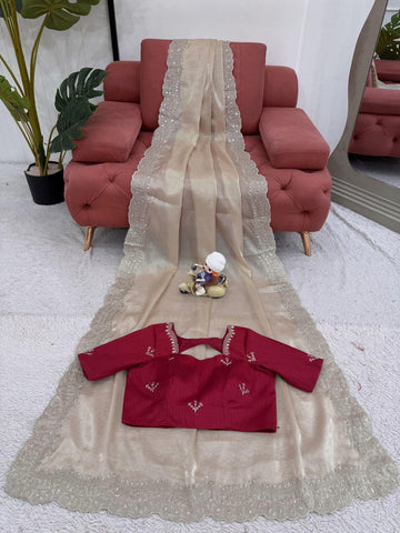 Ceremony Wear Cream Color Jimmy Chu With Thread With Sequence Work Saree