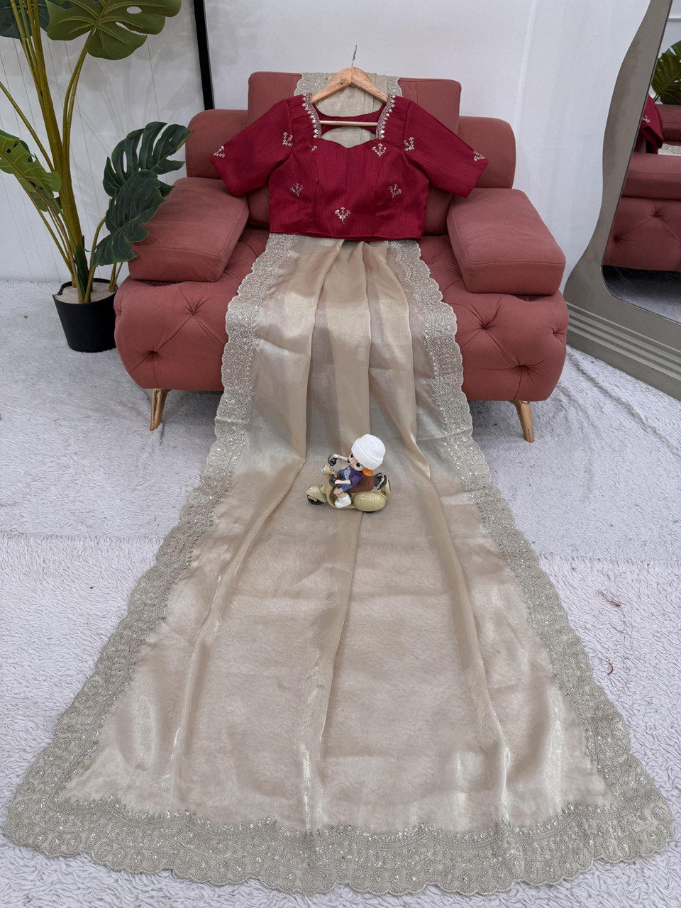 Ceremony Wear Cream Color Jimmy Chu With Thread With Sequence Work Saree