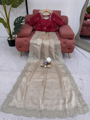 Ceremony Wear Cream Color Jimmy Chu With Thread With Sequence Work Saree