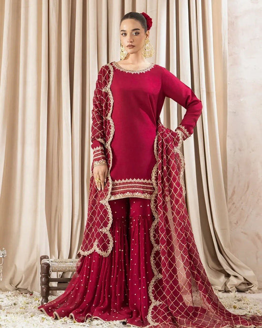 Party Wear Maroon Color Faux Georgette And Thread With Sequence Work Sharara Suit
