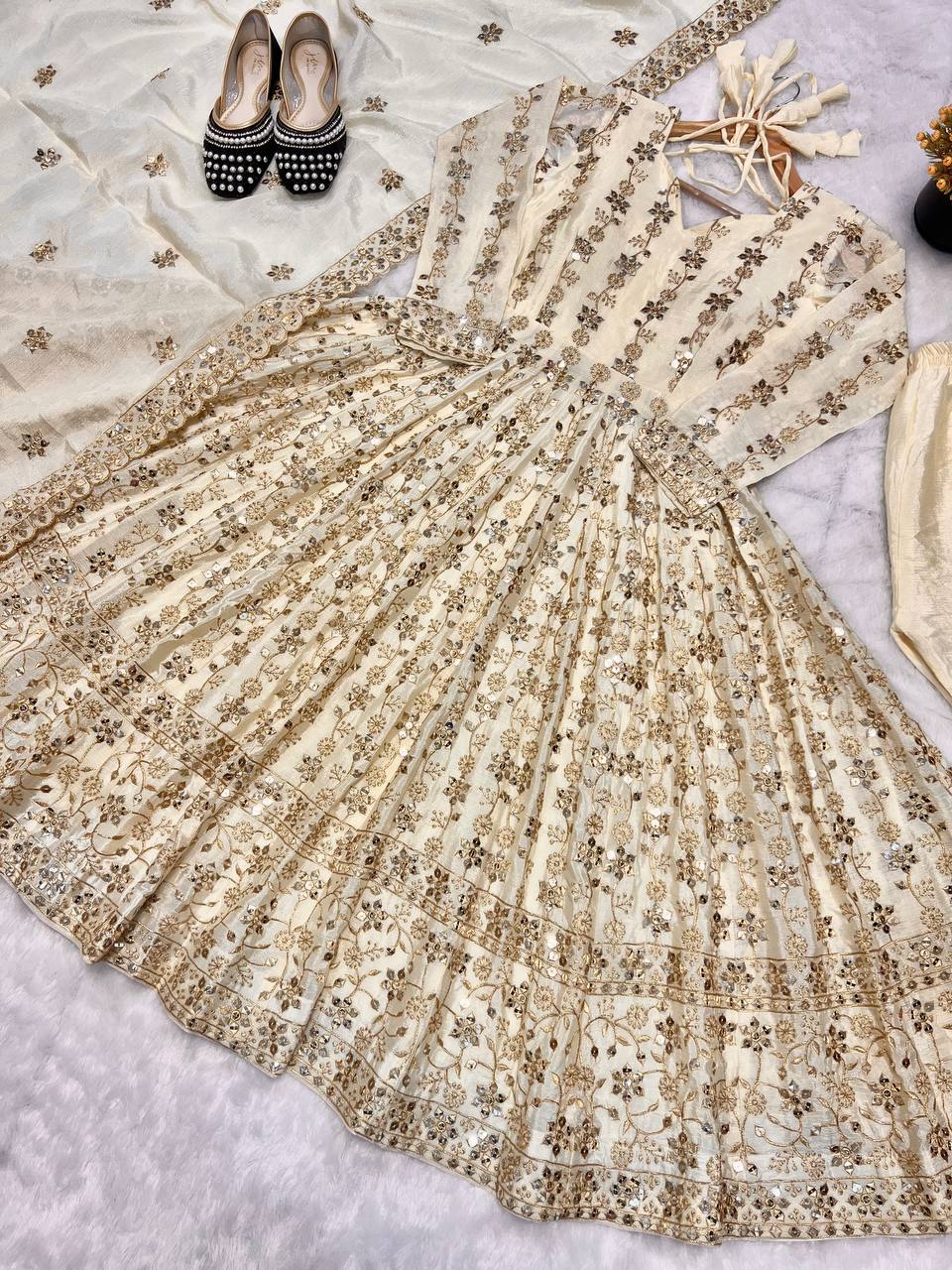 Precious Cream Color Pure Chinon Silk With Sequence Embroidery Work Anarkali Suit