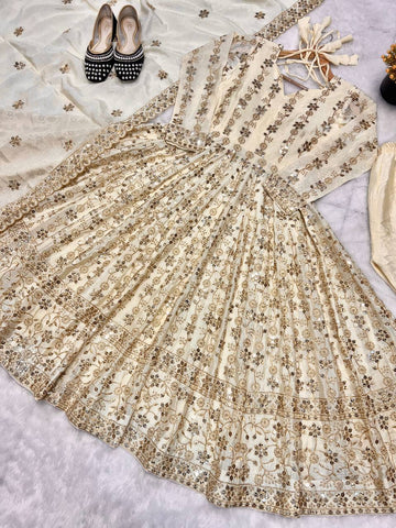 Precious Cream Color Pure Chinon Silk With Sequence Embroidery Work Anarkali Suit
