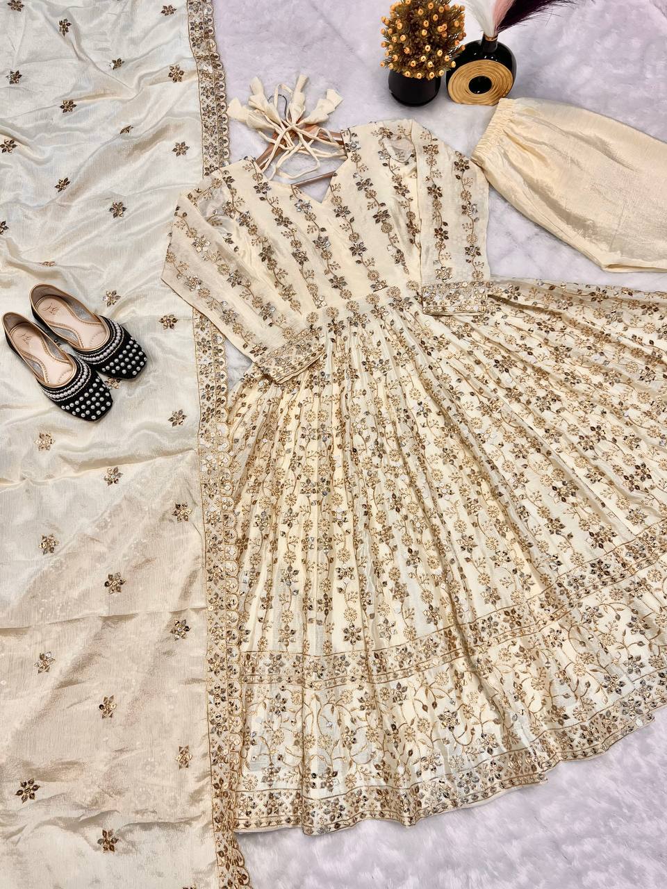 Precious Cream Color Pure Chinon Silk With Sequence Embroidery Work Anarkali Suit