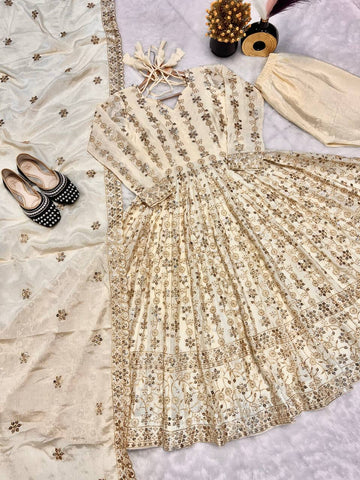Precious Cream Color Pure Chinon Silk With Sequence Embroidery Work Anarkali Suit